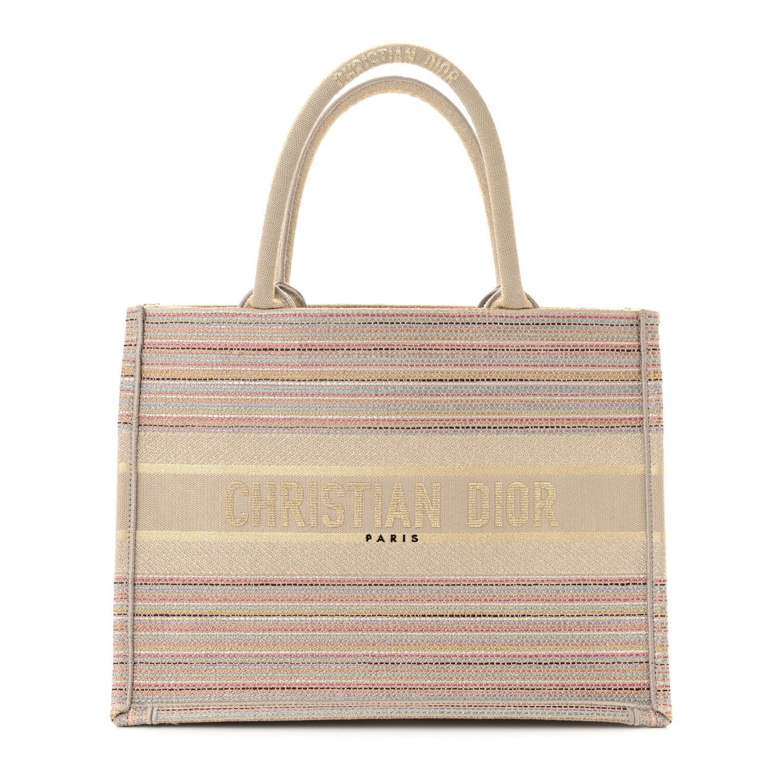 Christian Dior Canvas Embroidered Medium Stripes Book Tote Beige Multicolor 1 of 11