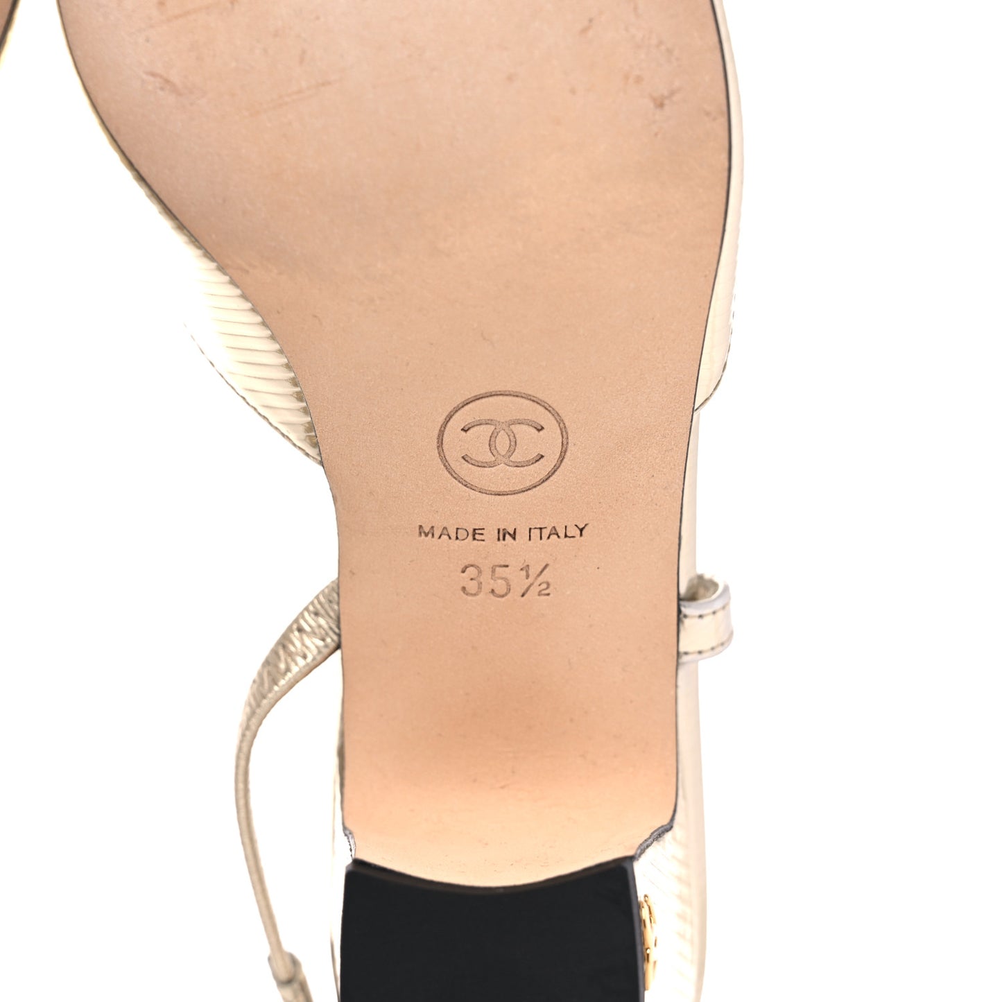 Metallic Calfskin Grosgrain Cap Toe CC Slingback Sandals 35.5 Gold Black