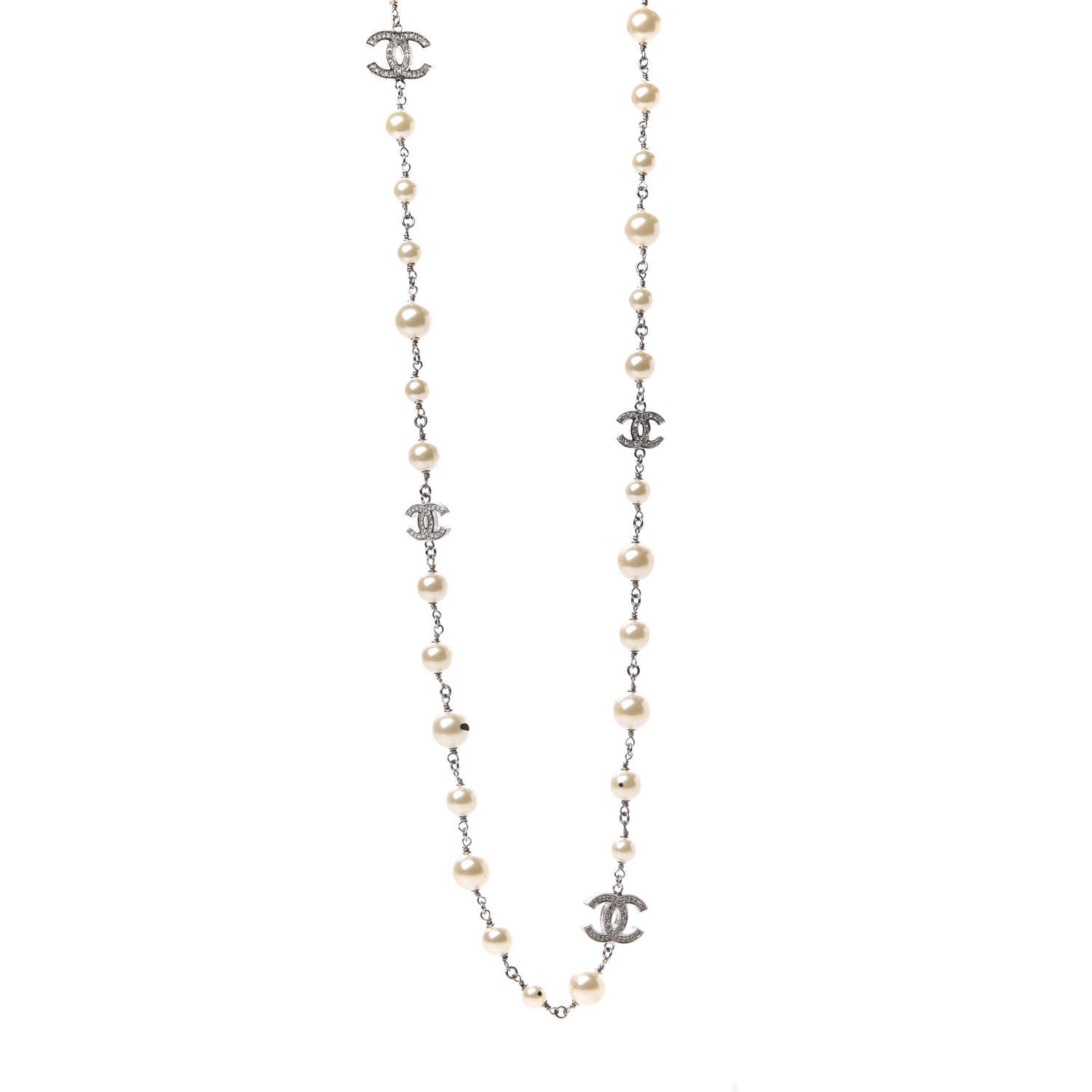 Chanel Crystal Pearl CC Long Necklace Silver 1 of 8