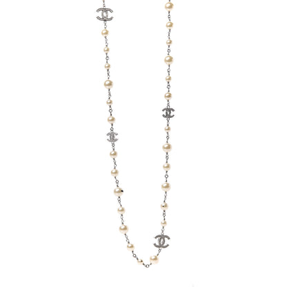 Chanel Crystal Pearl CC Long Necklace Silver 1 of 8