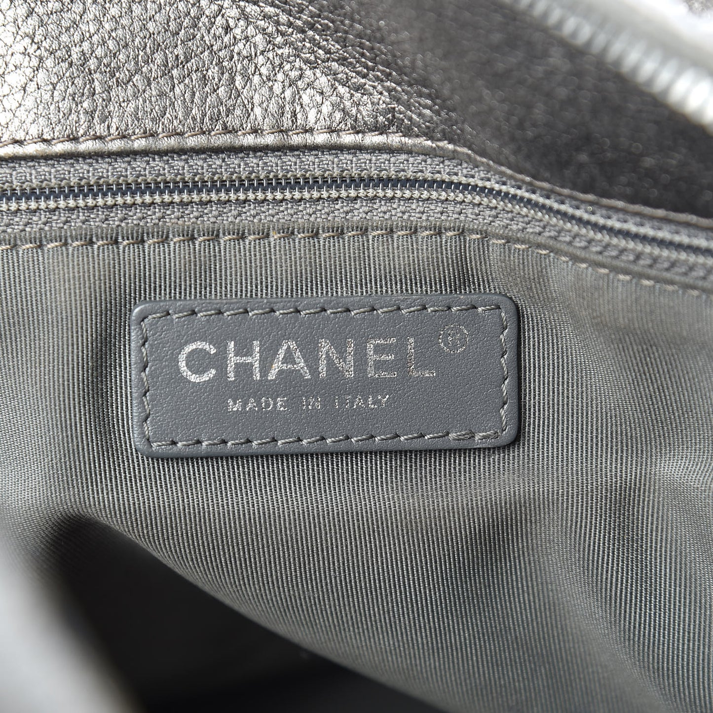 Metallic Grained Calfskin Quilted Large Casual Pocket Bowling Bag Silver