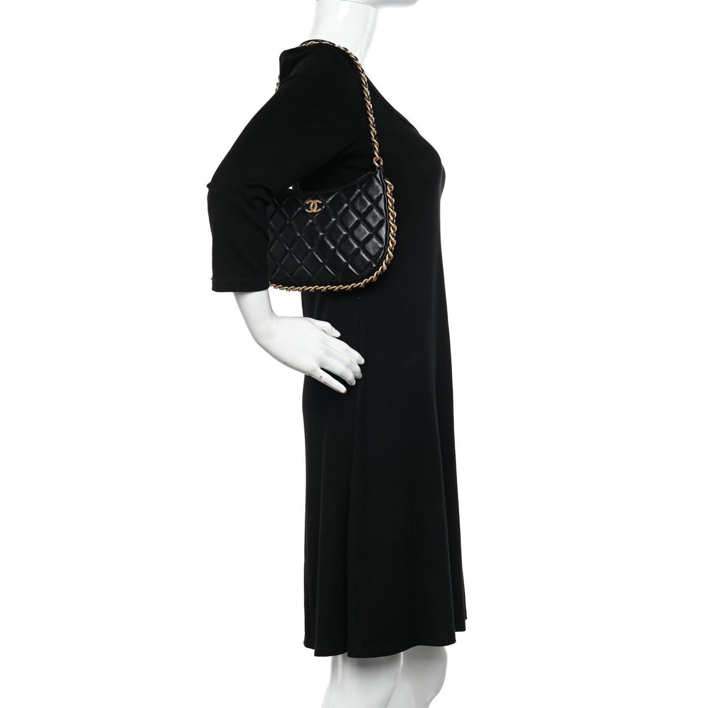 Shiny Crumpled Lambskin Quilted Trendy Chain Around Hobo Black