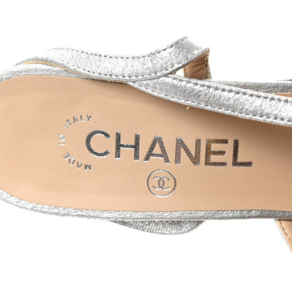 Chanel Metallic Lambskin Grosgrain Cap Toe CC Slingback Sandals 38.5 Black Silver 7 of 7