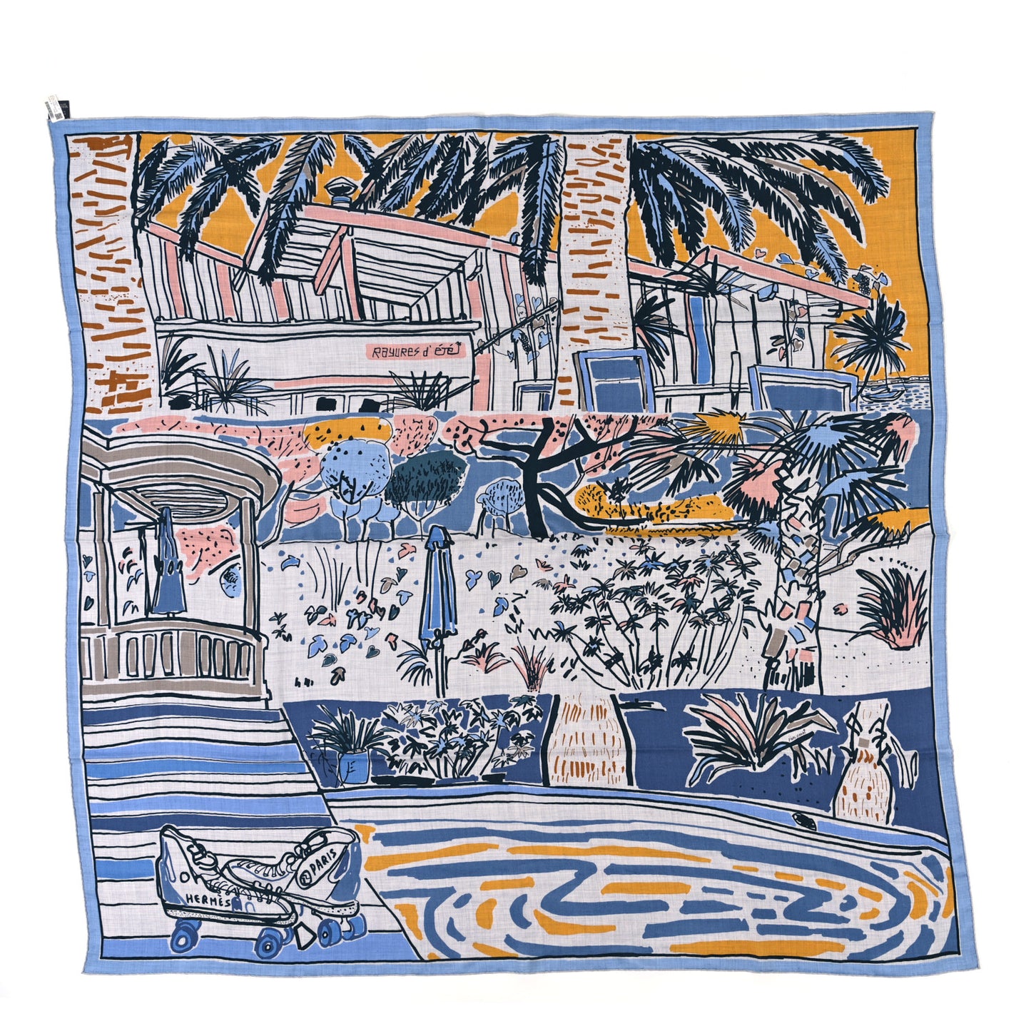 Cashmere Silk Rayures d'Ete Shawl 140 Gris Chine Bleu Rose