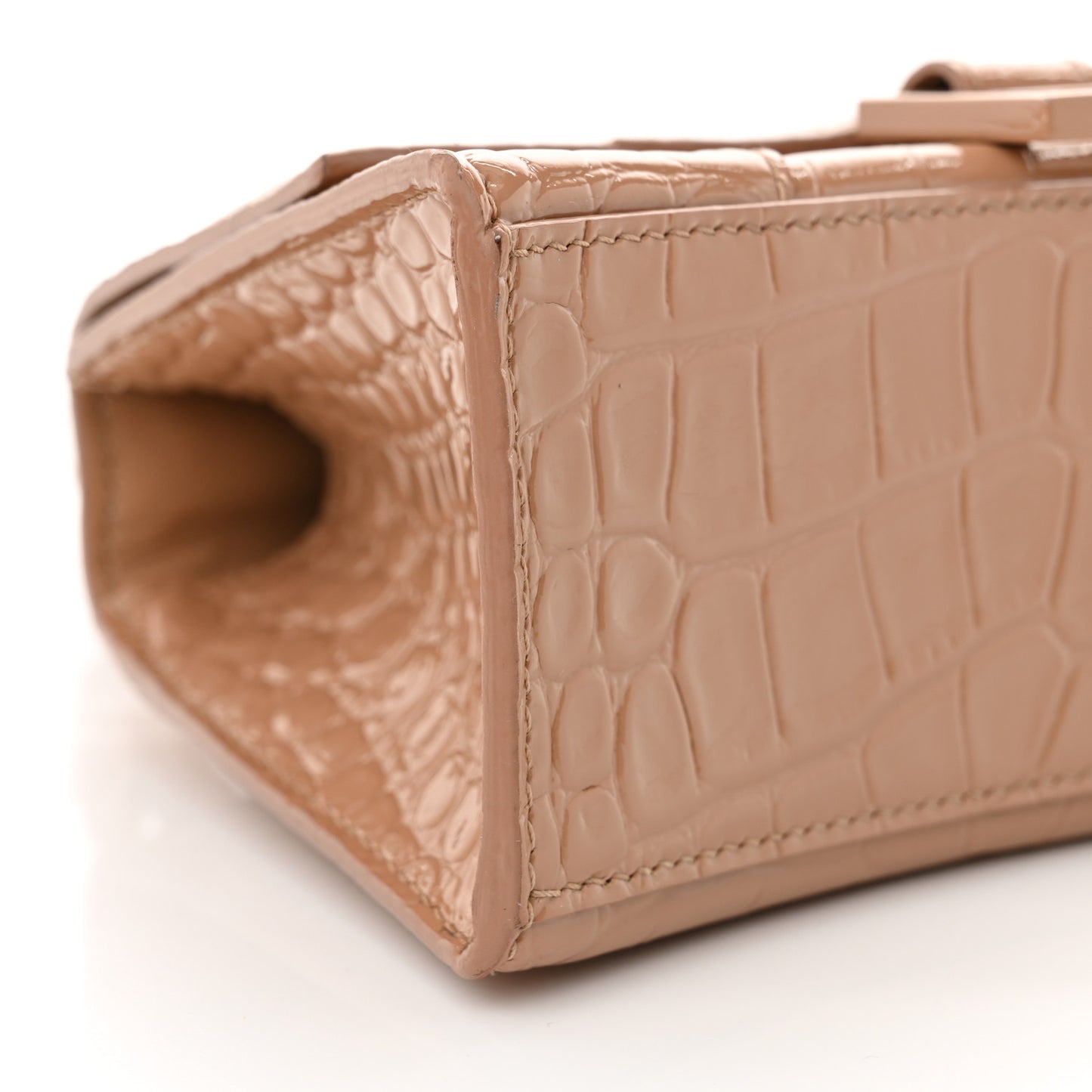 Shiny Calfskin Monochrome Crocodile Embossed Hourglass Top Handle Bag XS Nude Beige