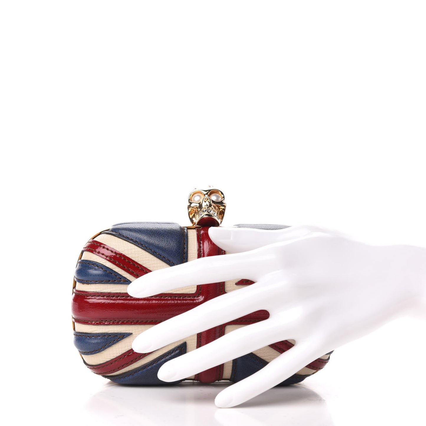Patent Calfskin Britannia Skull Box Clutch Red Blue