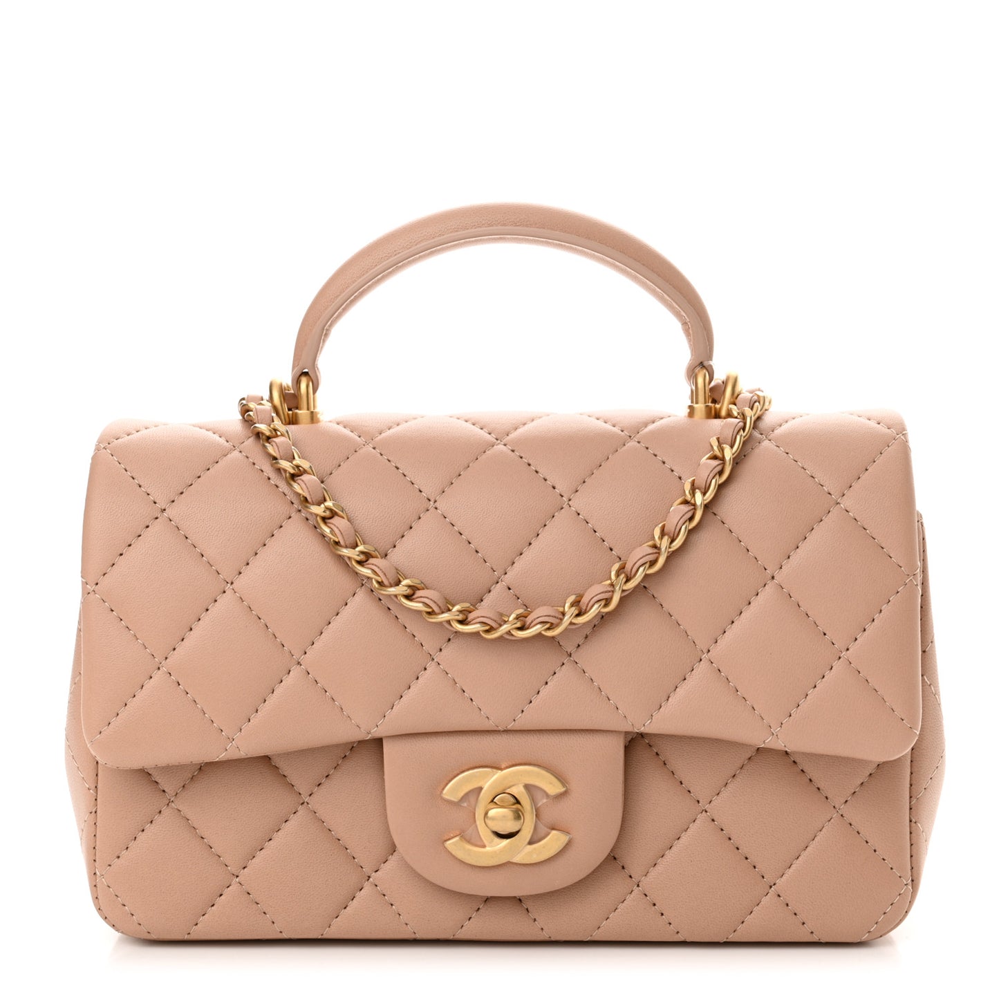 Lambskin Quilted Mini Top Handle Rectangular Flap Beige