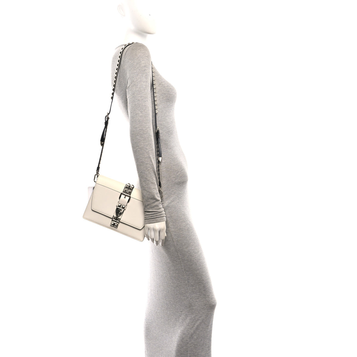 Prada Saffiano City Calfskin Studded Small Elektra Shoulder Bag White Black 2 of 9