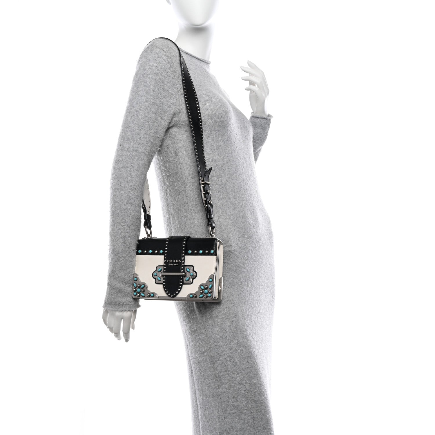 Prada City Calf Studded Folk Cahier Bag Black White 2 of 10