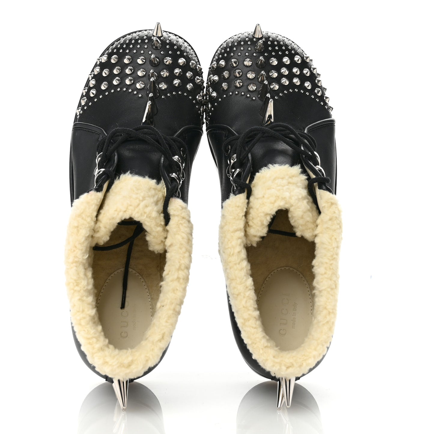 Calfskin Faux Shearling Studded Victor Ankle Boots 38 Black Mystic White