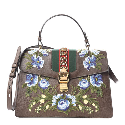 Gucci Calfskin Embroidered Medium Sylvie Top Handle Bag New Acero Multicolor 1 of 8