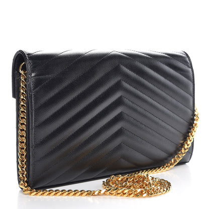 Saint Laurent Grain De Poudre Matelasse Chevron Medium Monogram Chain Wallet Black 3 of 7