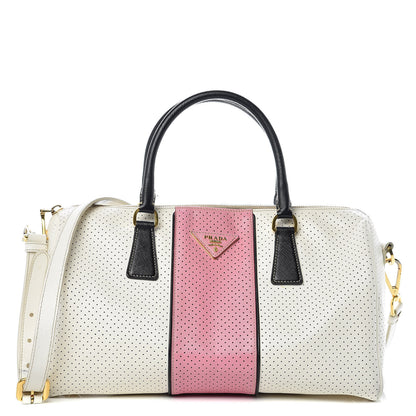 Prada Saffiano Perforated Striped Shoulder Bag White Black 1 of 13
