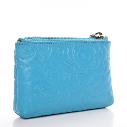 Chanel Lambskin Camellia Embossed Key Holder Case Turquoise 3 of 8