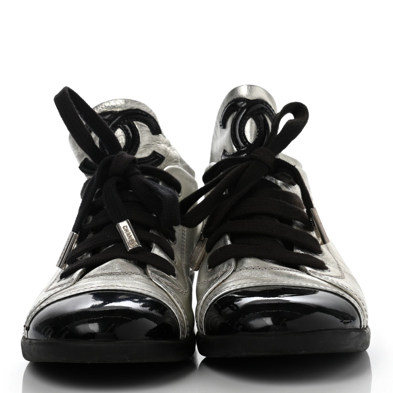 Chanel Metallic Lambskin Patent Cap Toe CC Sneakers 38.5 Silver Black 2 of 13