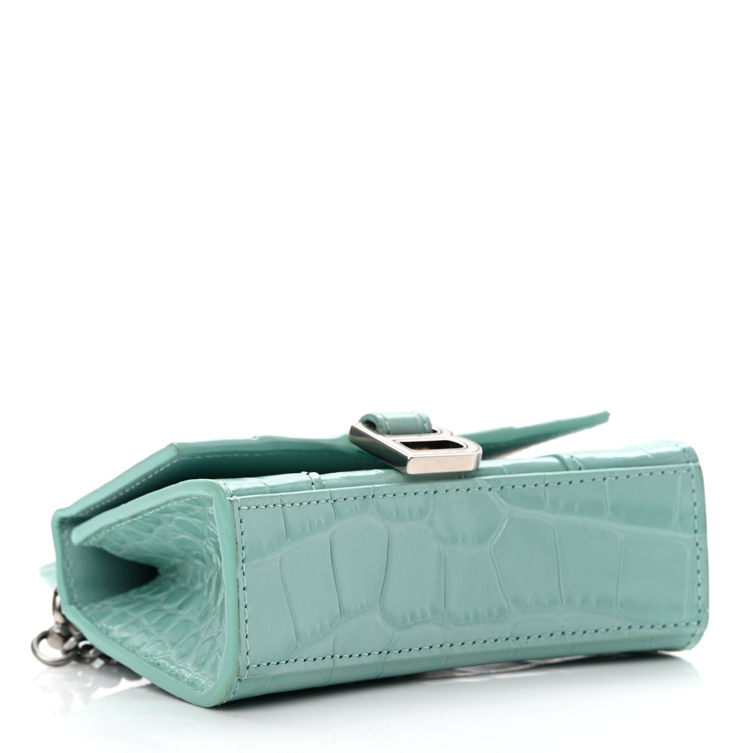 Balenciaga Shiny Calfskin Crocodile Embossed Hourglass Top Handle Bag Mini with Chain Green Acqua 4 of 11