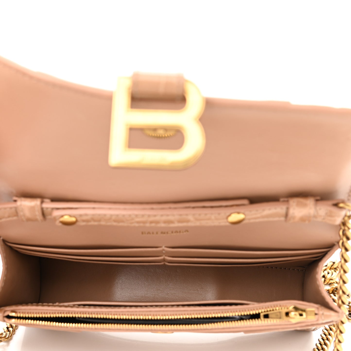 Shiny Calfskin Crocodile Embossed Hourglass Chain Bag Nude Beige