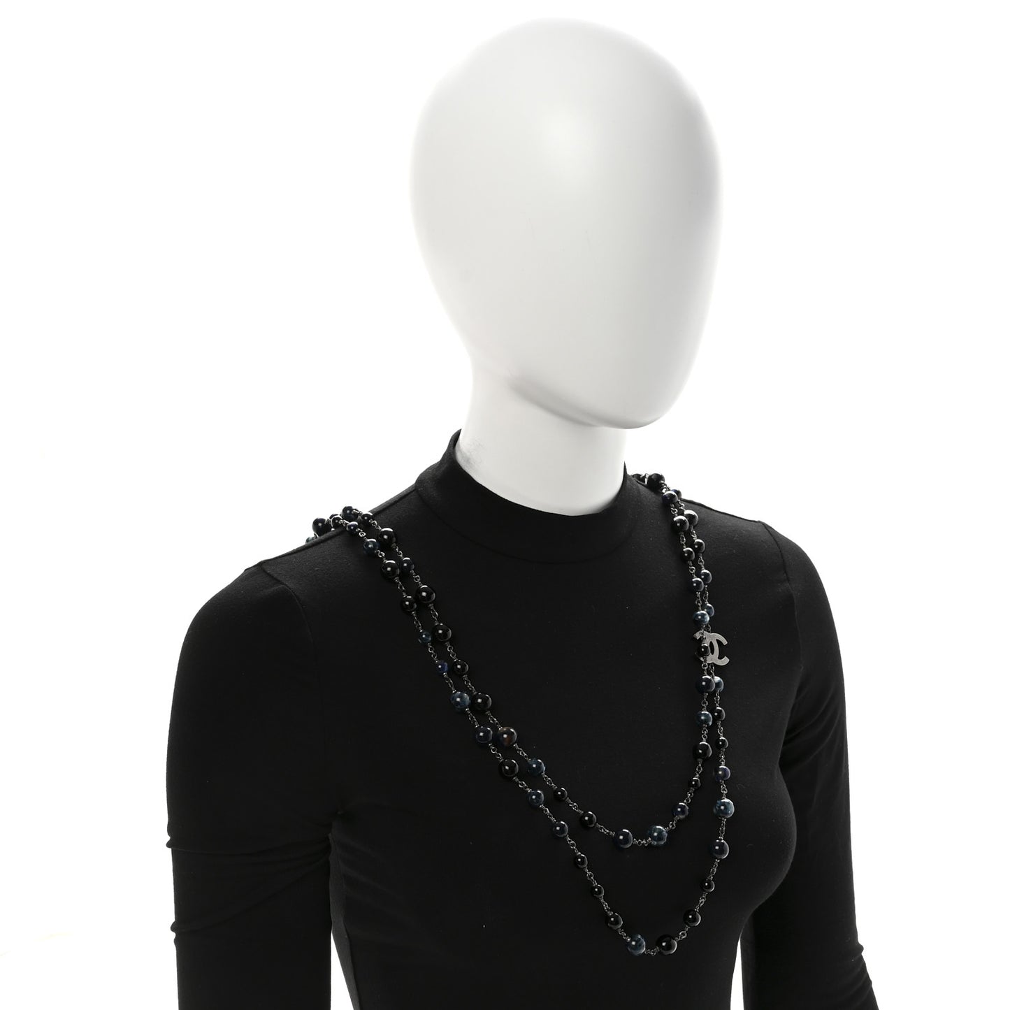 Metal Beaded CC Long Necklace Blue
