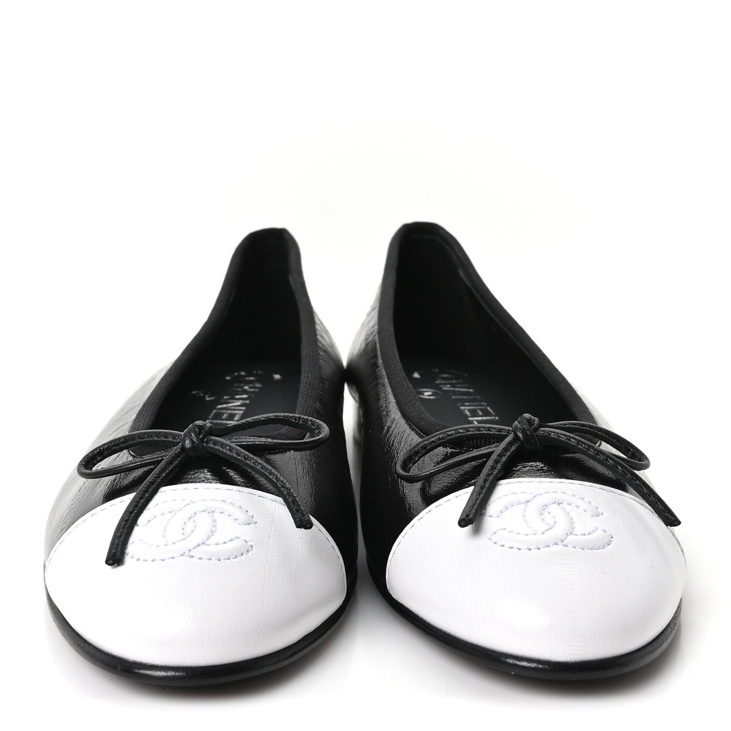 Chanel Crumpled Shiny Lambskin CC Cap Toe Ballerina Flats 37 Black White 3 of 10