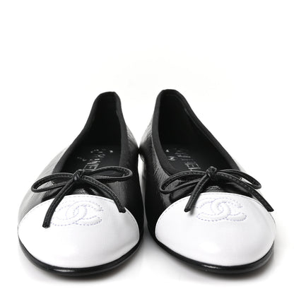 Chanel Crumpled Shiny Lambskin CC Cap Toe Ballerina Flats 37 Black White 3 of 10