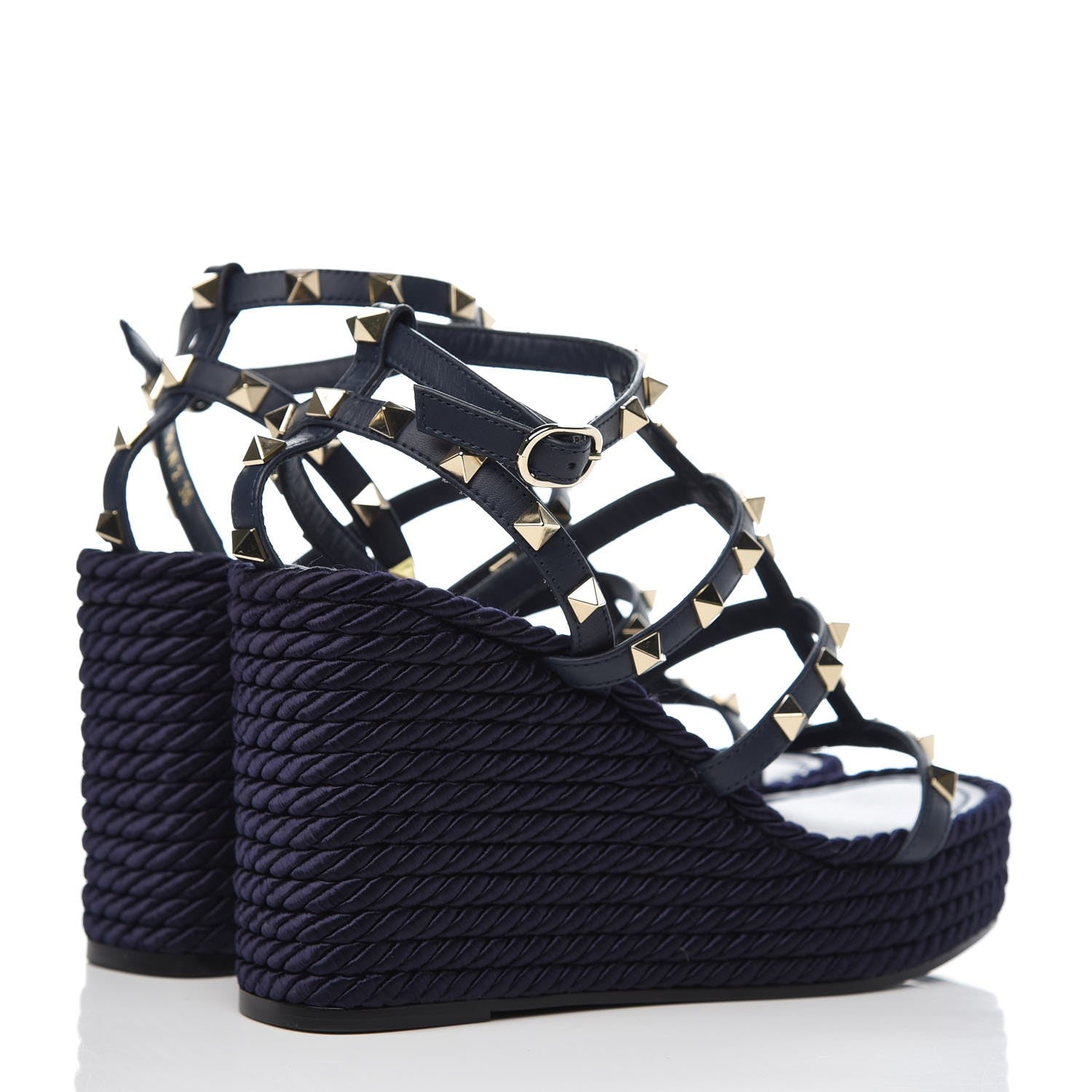 Valentino Garavani Calfskin Rockstud Ankle Strap Torchon Espadrille Caged Wedge Sandals 36 Navy Blue 4 of 8
