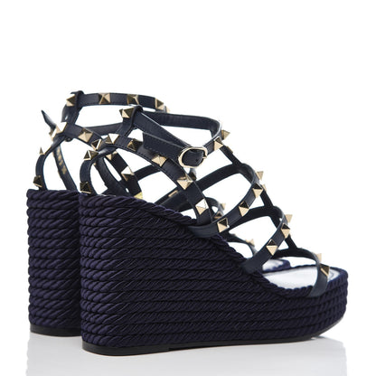 Valentino Garavani Calfskin Rockstud Ankle Strap Torchon Espadrille Caged Wedge Sandals 36 Navy Blue 4 of 8