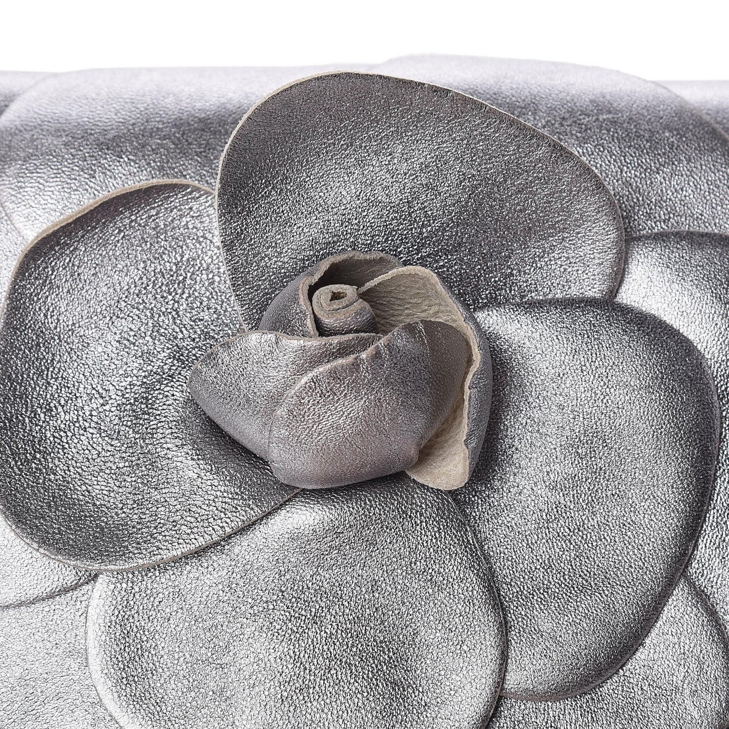 Metallic Lambskin Camellia Beauty Clutch Silver