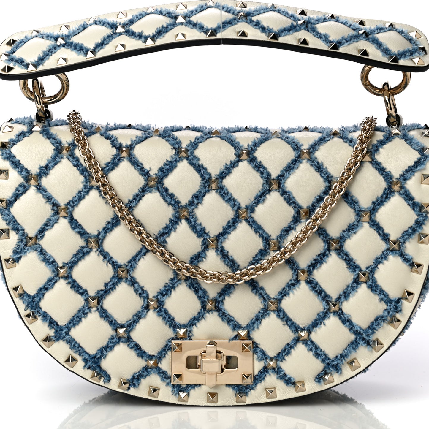 Nappa Denim Medium Rockstud Spike Halfmoon Saddle Bag Ivory Blue