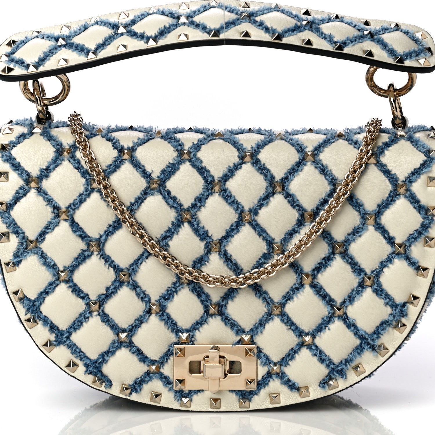 Valentino Garavani Nappa Denim Medium Rockstud Spike Halfmoon Saddle Bag Ivory Blue 8 of 14