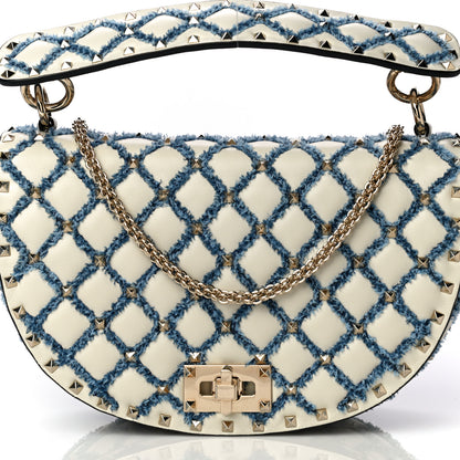 Valentino Garavani Nappa Denim Medium Rockstud Spike Halfmoon Saddle Bag Ivory Blue 8 of 14