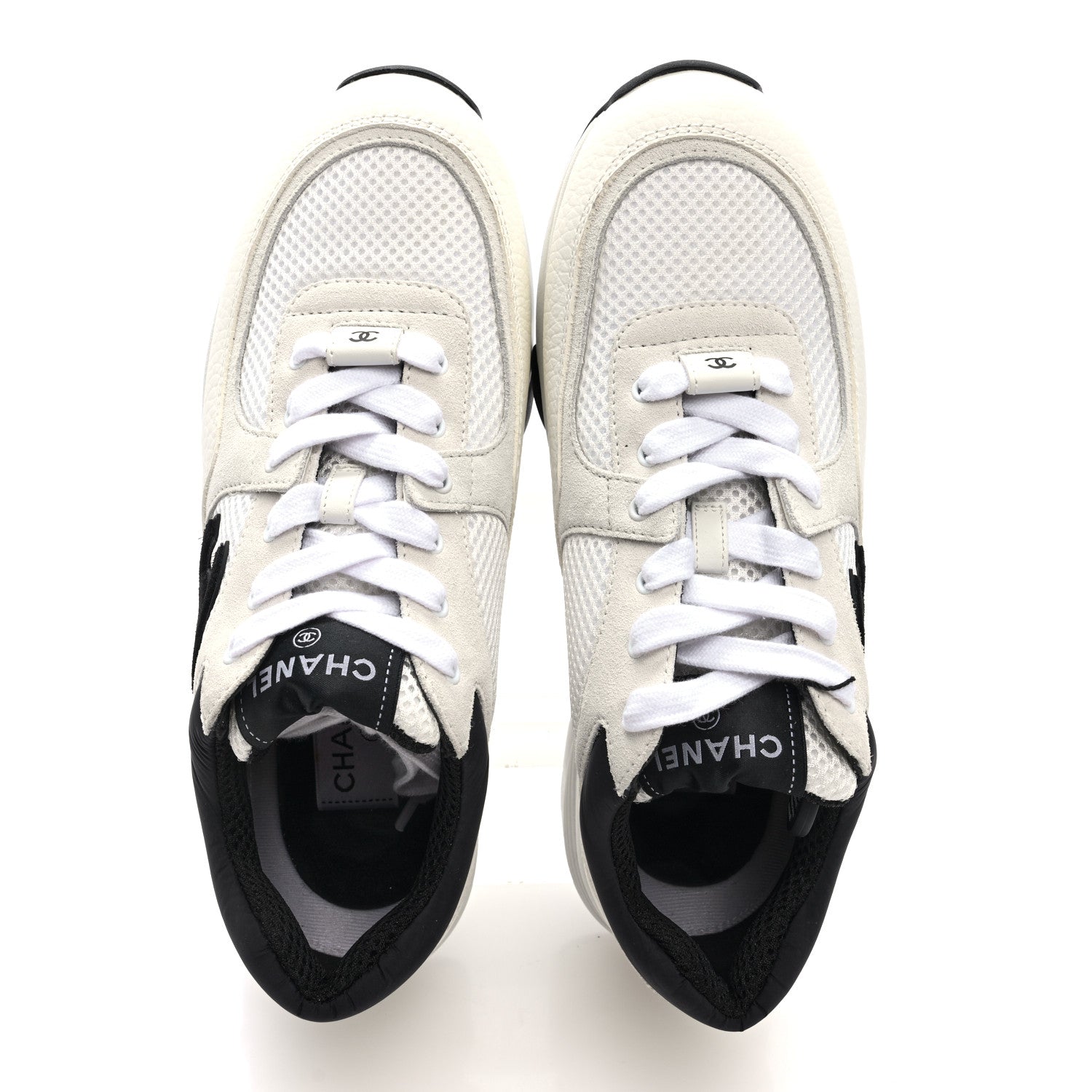 Chanel Mesh Suede Calfskin Grained Calfskin Womens CC Sneakers 38.5 White Black 8 of 8