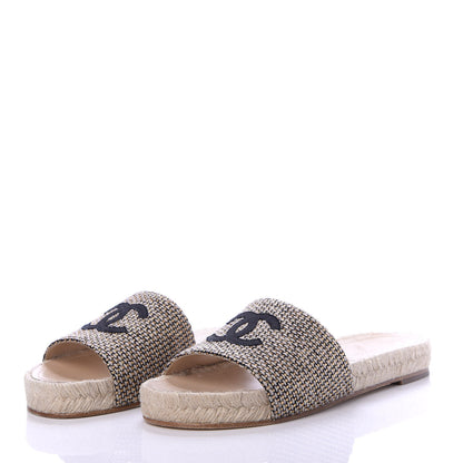 Chanel Metallic Tweed CC Espadrille Slip On Sandals 37 Beige Black 3 of 10