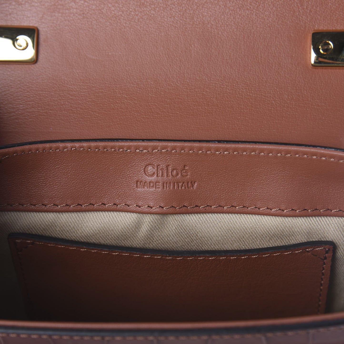 Calfskin Crocodile Embossed Mini C Double Carry Chestnut Brown