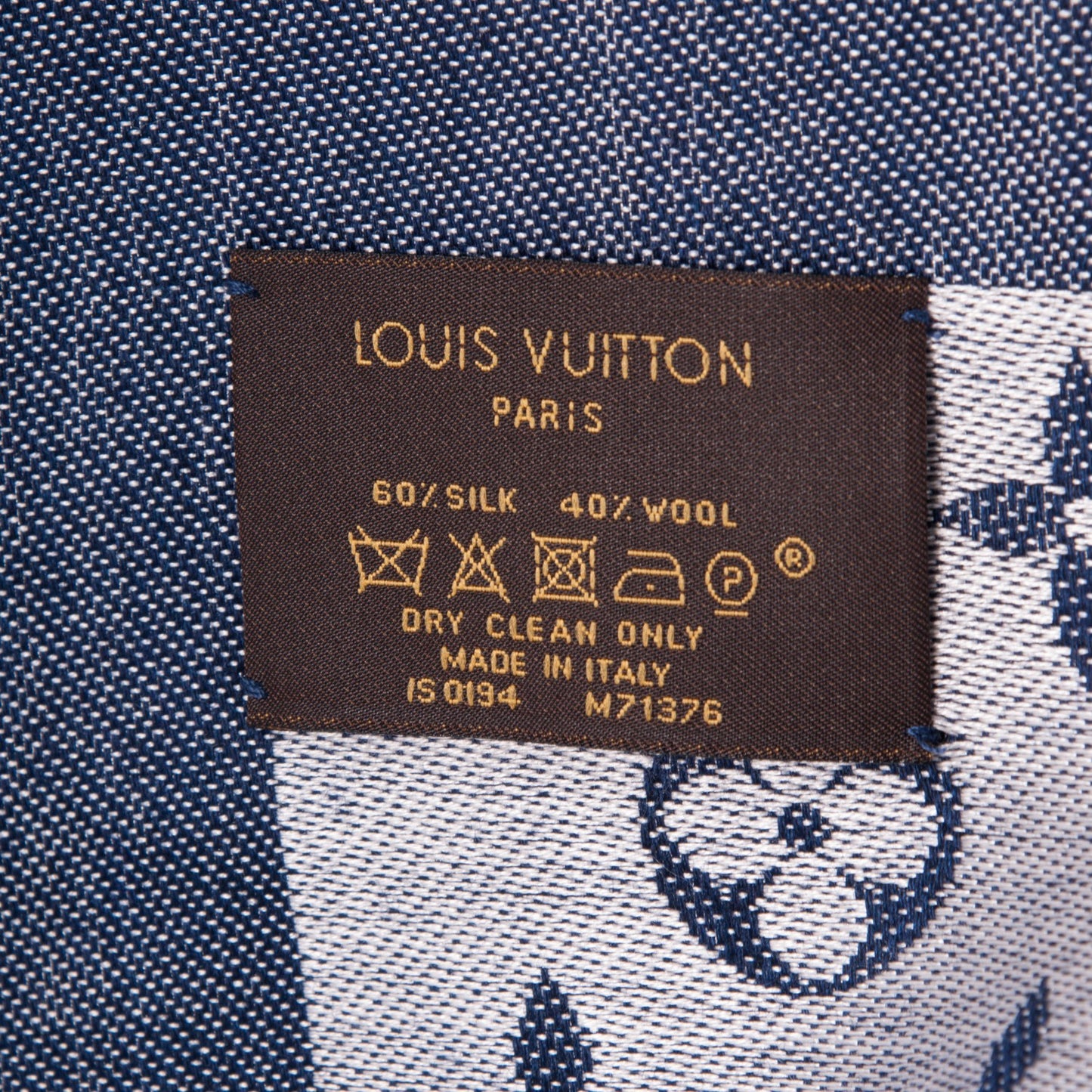 Wool Silk Monogram Denim Shawl Blue