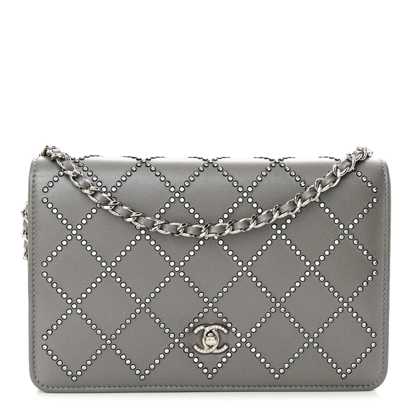 Lambskin Crystal Quilted Wallet On Chain WOC Grey