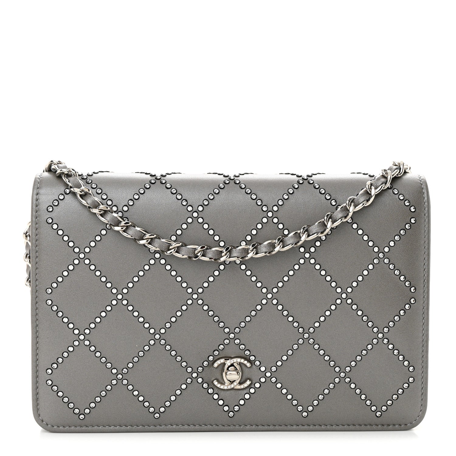 Chanel Lambskin Crystal Quilted Wallet On Chain WOC Grey 1 of 15
