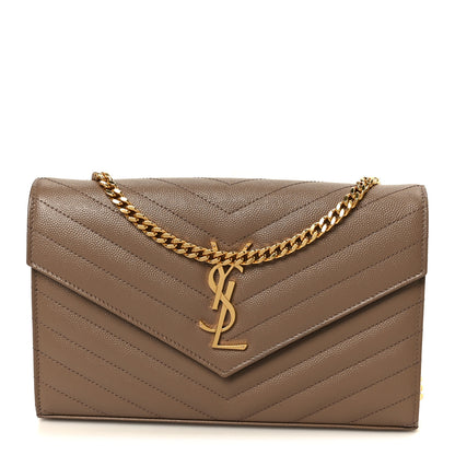 Saint Laurent Grain De Poudre Matelasse Chevron Monogram Chain Wallet Dark Beige 1 of 9