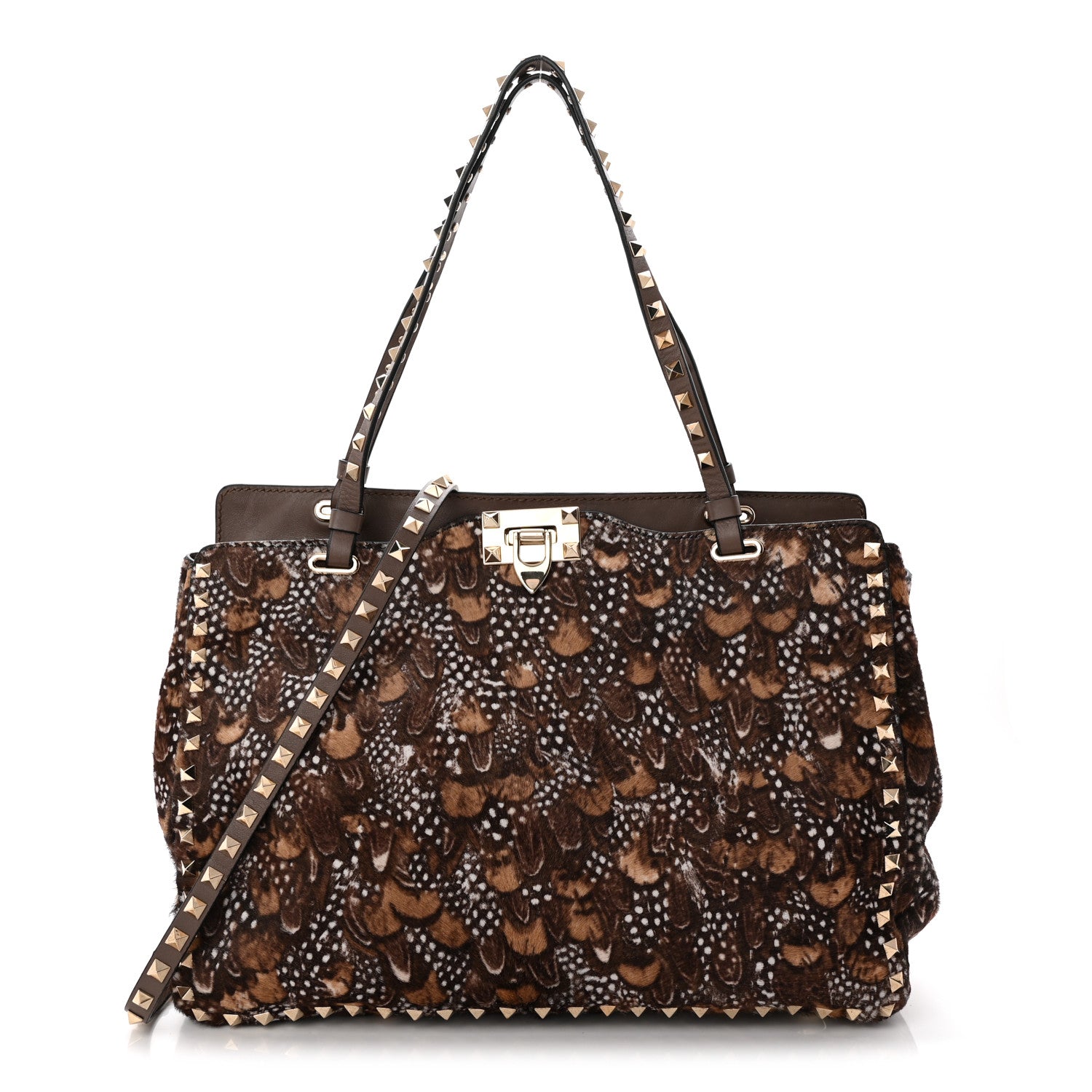 Valentino Garavani Calf Hair Feather Medium Rockstud Tote Brown 1 of 11