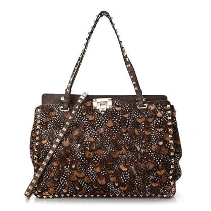 Valentino Garavani Calf Hair Feather Medium Rockstud Tote Brown 1 of 11