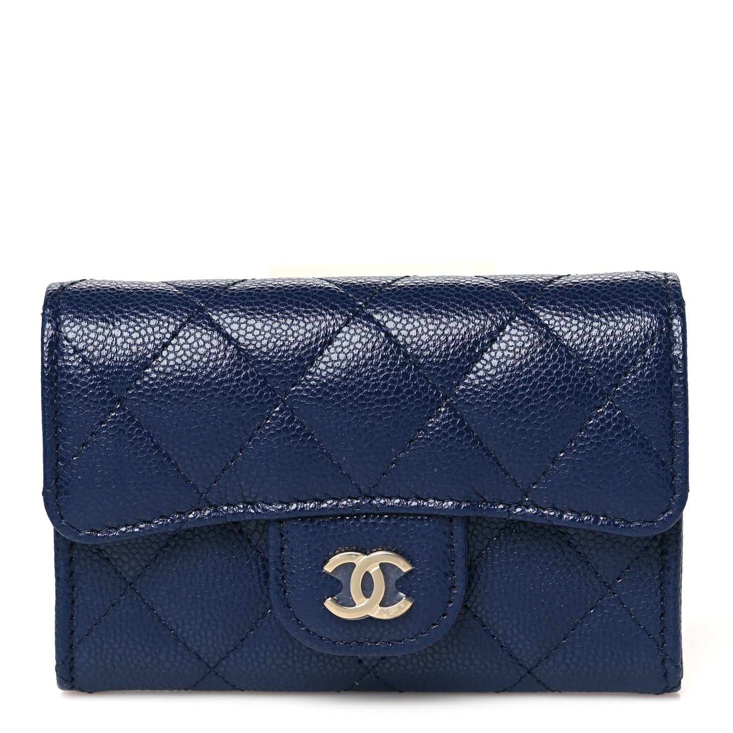Caviar Quilted Flap Card Holder Wallet Navy Blue