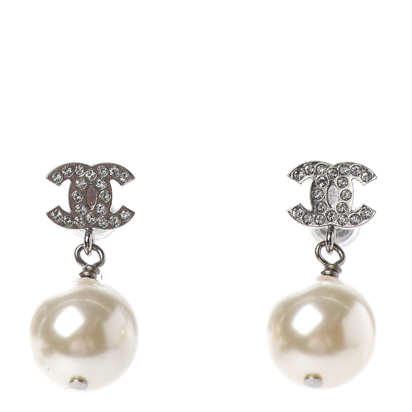 Crystal Pearl CC Drop Earrings Silver Pearly White