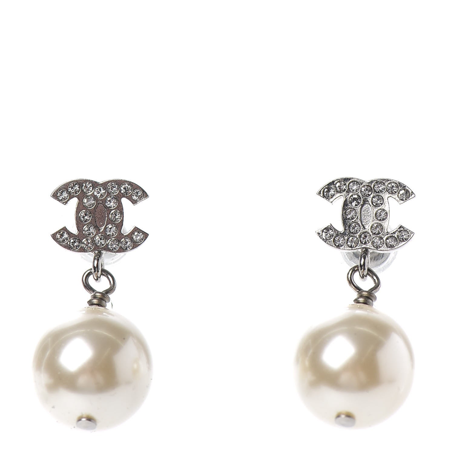 Chanel Crystal Pearl CC Drop Earrings Silver Pearly White 1 of 4