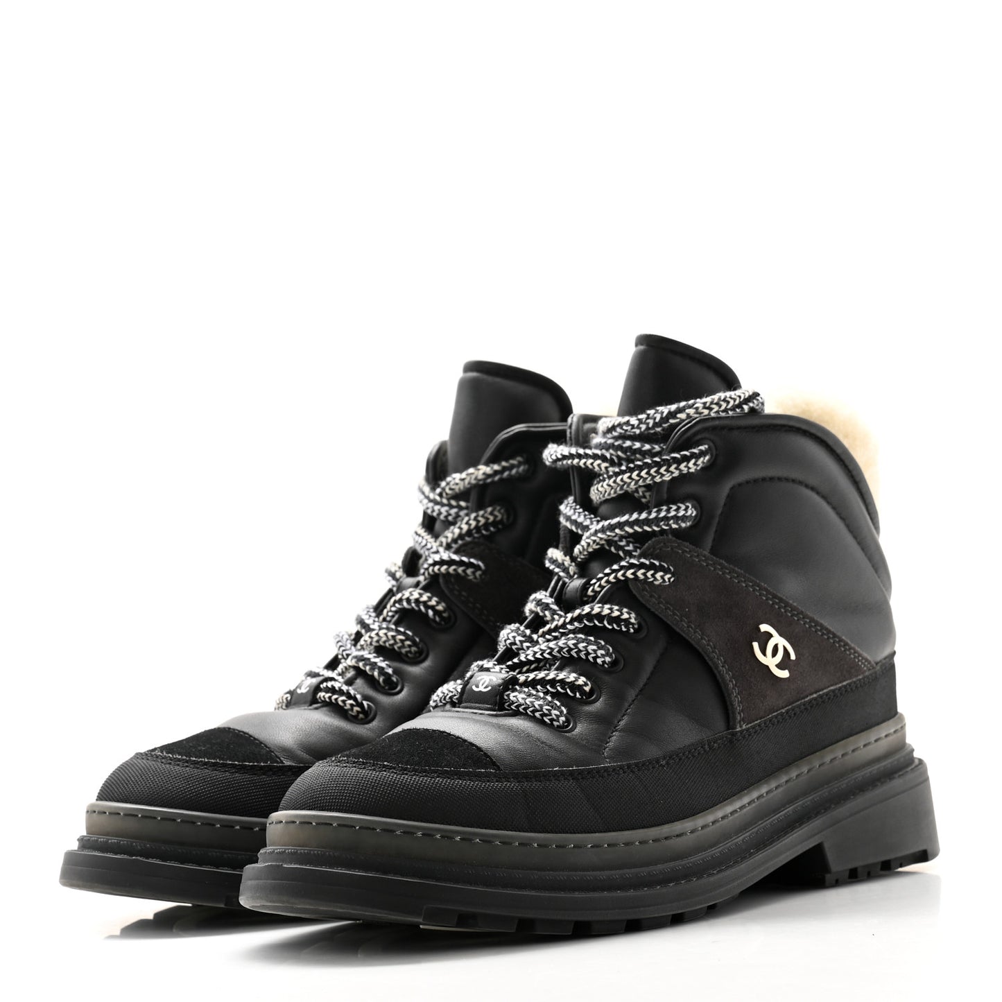 Lambskin Shearling Suede CC High Lace Up Boots 39 Black
