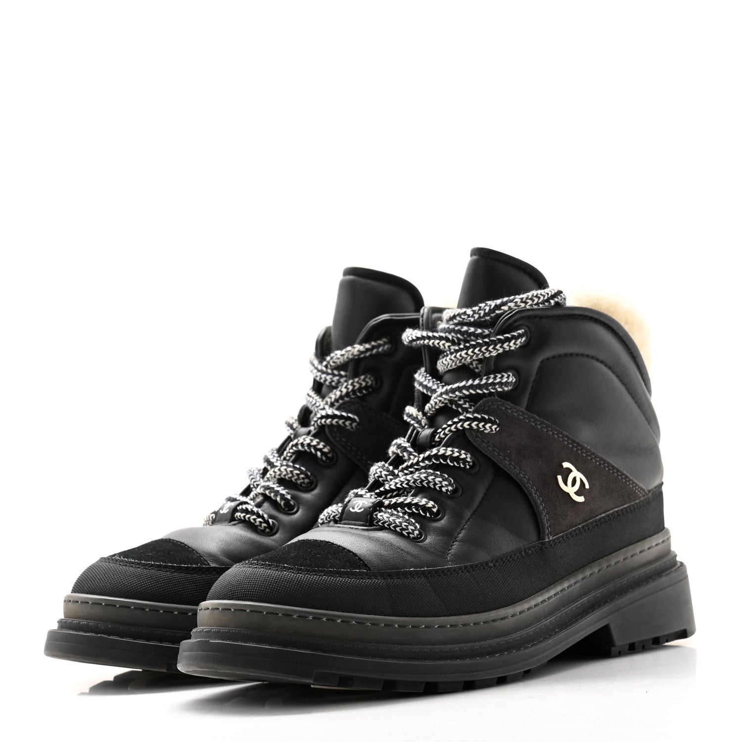 Chanel Lambskin Shearling Suede CC High Lace Up Boots 39 Black 3 of 8