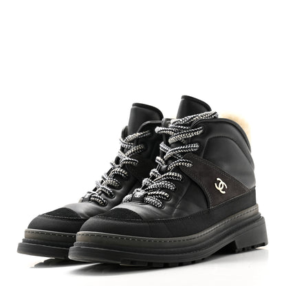 Chanel Lambskin Shearling Suede CC High Lace Up Boots 39 Black 3 of 8
