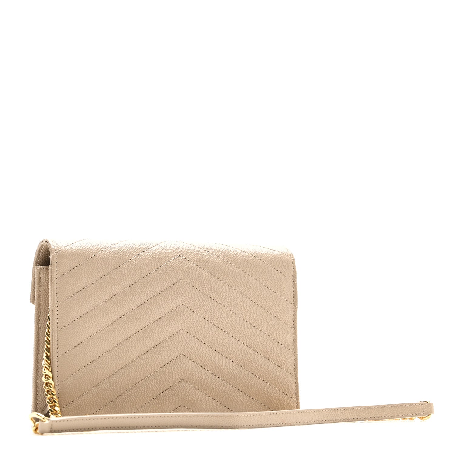 Saint Laurent Grain De Poudre Matelasse Chevron Monogram Envelope Chain Wallet Dark Beige 3 of 9