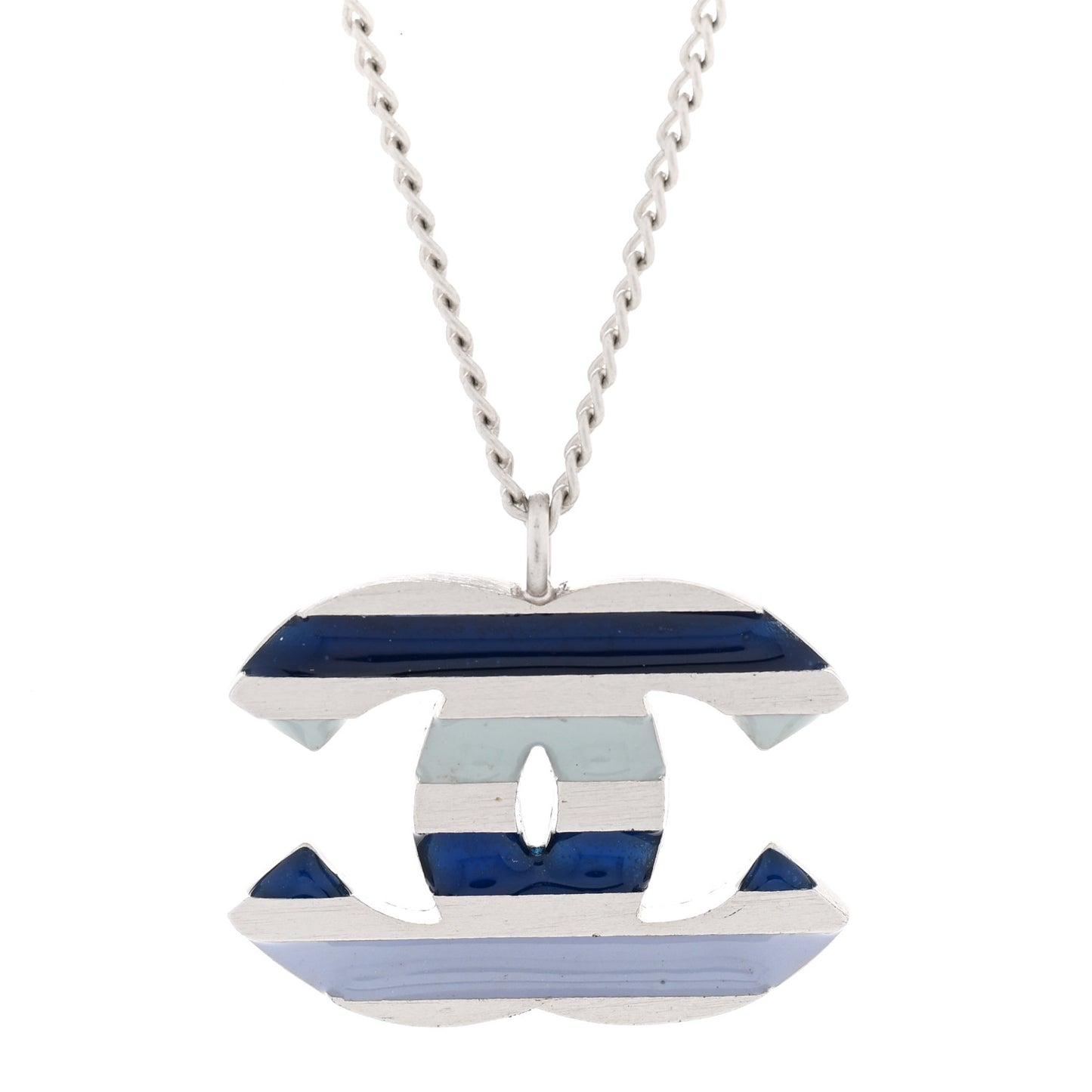 Enamel Striped CC Necklace Blue Silver