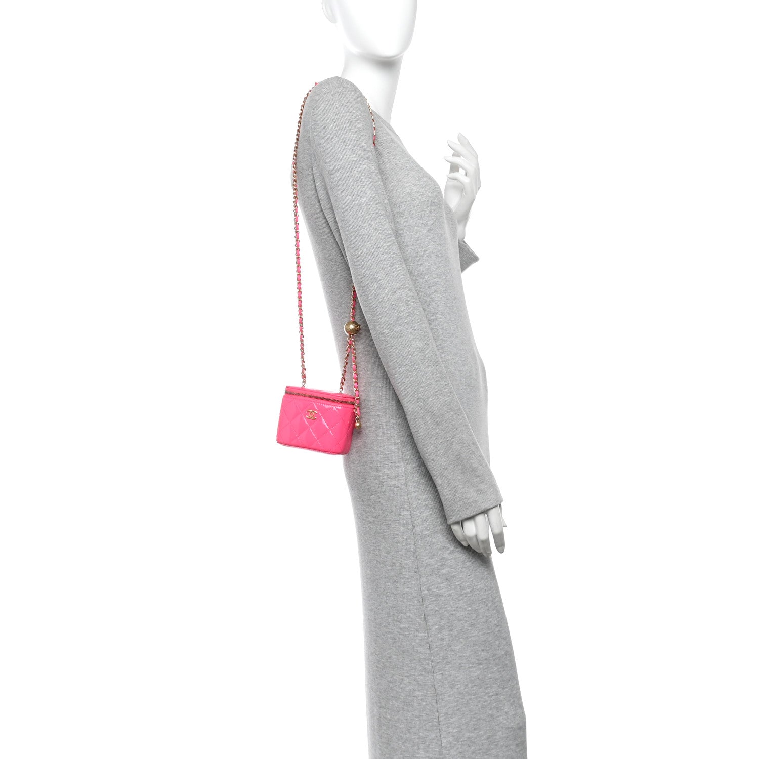 Chanel Patent Quilted Pearl Crush Mini Vanity Case With Chain Neon Pink 2 of 11