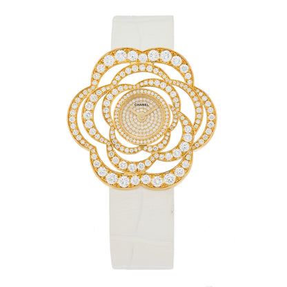 Chanel 18K Yellow Gold Alligator Diamond 37mm Camelia Quartz Watch 1 of 5
