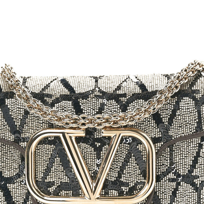 Valentino Garavani Sequins Toile Iconographe Calfskin Beaded Vlogo Small Loco Shoulder Bag Argento Black Fondant 7 of 9